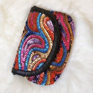 Sequined Multicolored Clutch with Crossbody Strap